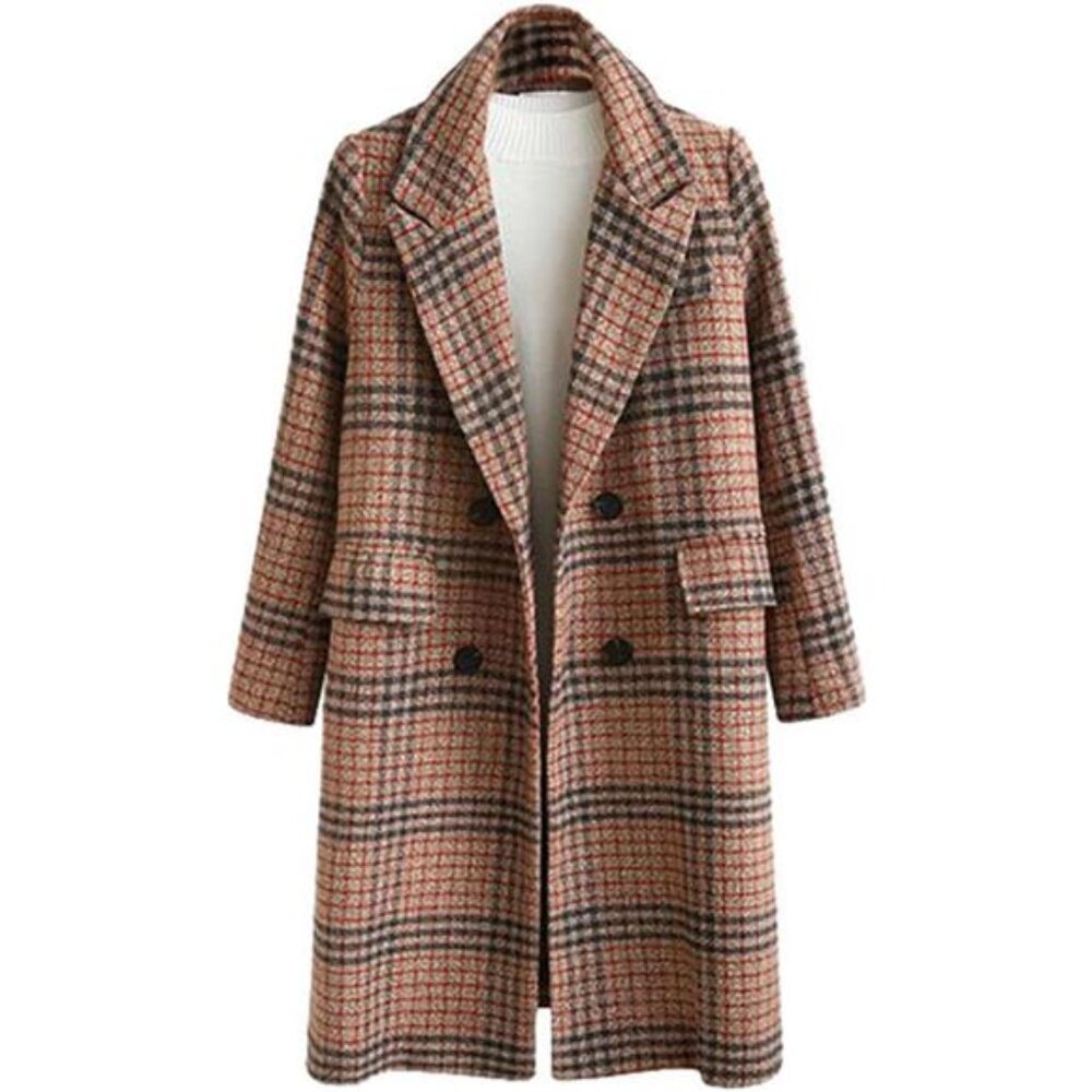 Women's Winter Oversize Lapel Collar Woolen Plaid Double Breasted Long